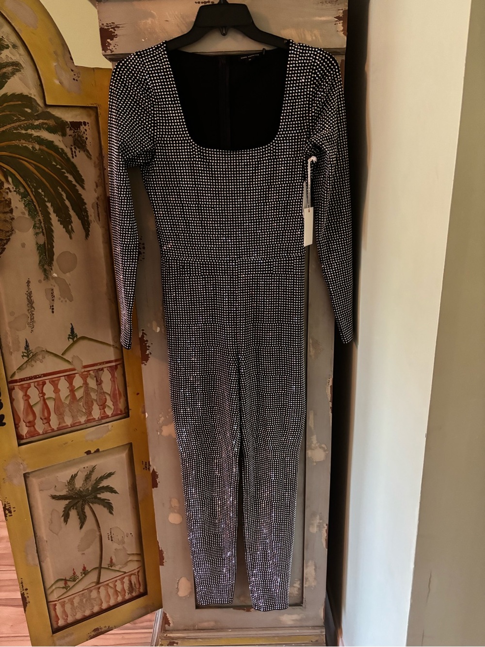 Good American Black and White Long-Sleeve Square-Neck Jumpsuit